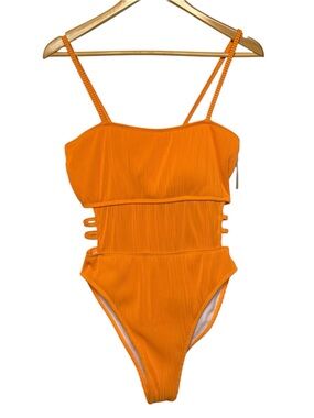 NWT Hilinker Ribbed Orange Cutout One Piece Swimsuit Medium